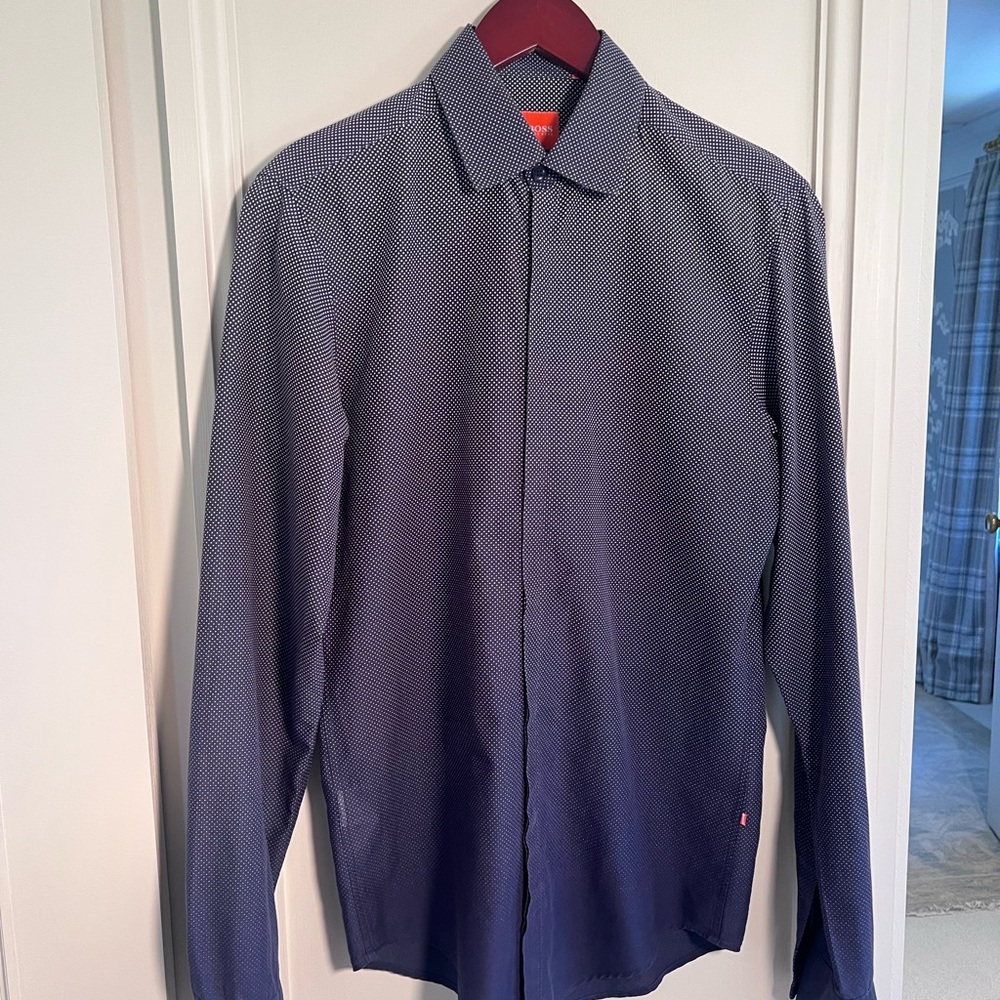 Boss Navy Micro-Pattern Dress Shirt
